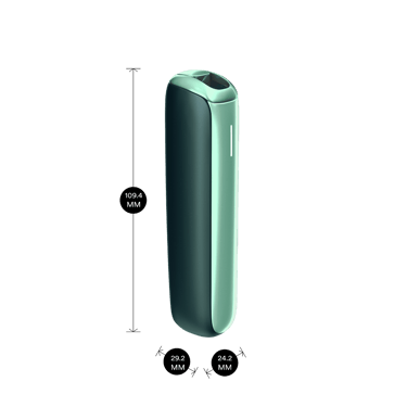 Ploom AURA Teal Electric Pop device shown with product dimensions: 10.94cm height x 2.92 cm width and 2.42 cm depth