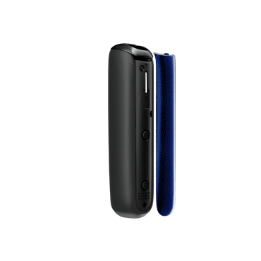 Vedere laterală capac frontal texturat Ploom AURA Navy Blue, separat de dispozitiv.