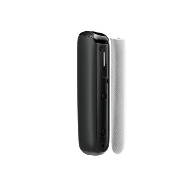 Vedere laterală capac frontal texturat Ploom AURA Jet Black, separat de dispozitiv.
