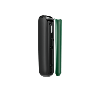 Vedere laterală capac frontal Ploom AURA Amazon Green, detașat de dispozitiv.