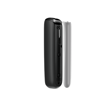 Vedere laterală capac frontal texturat Ploom AURA Jet Black, separat de dispozitiv.